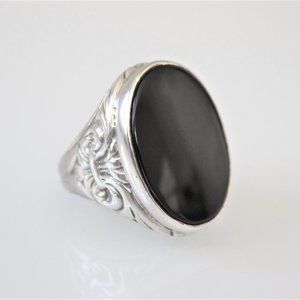 STERLING SILVER FACETED BLACK ONYX ELONGATED RING